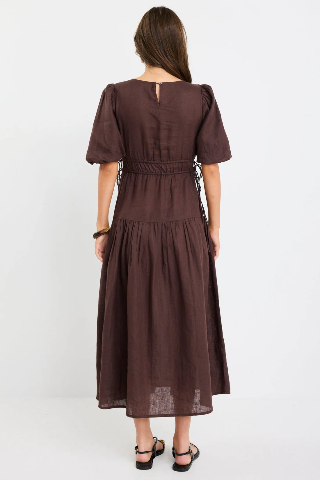 Glory Chocolate Linen Puff Sleeve Midi Dress