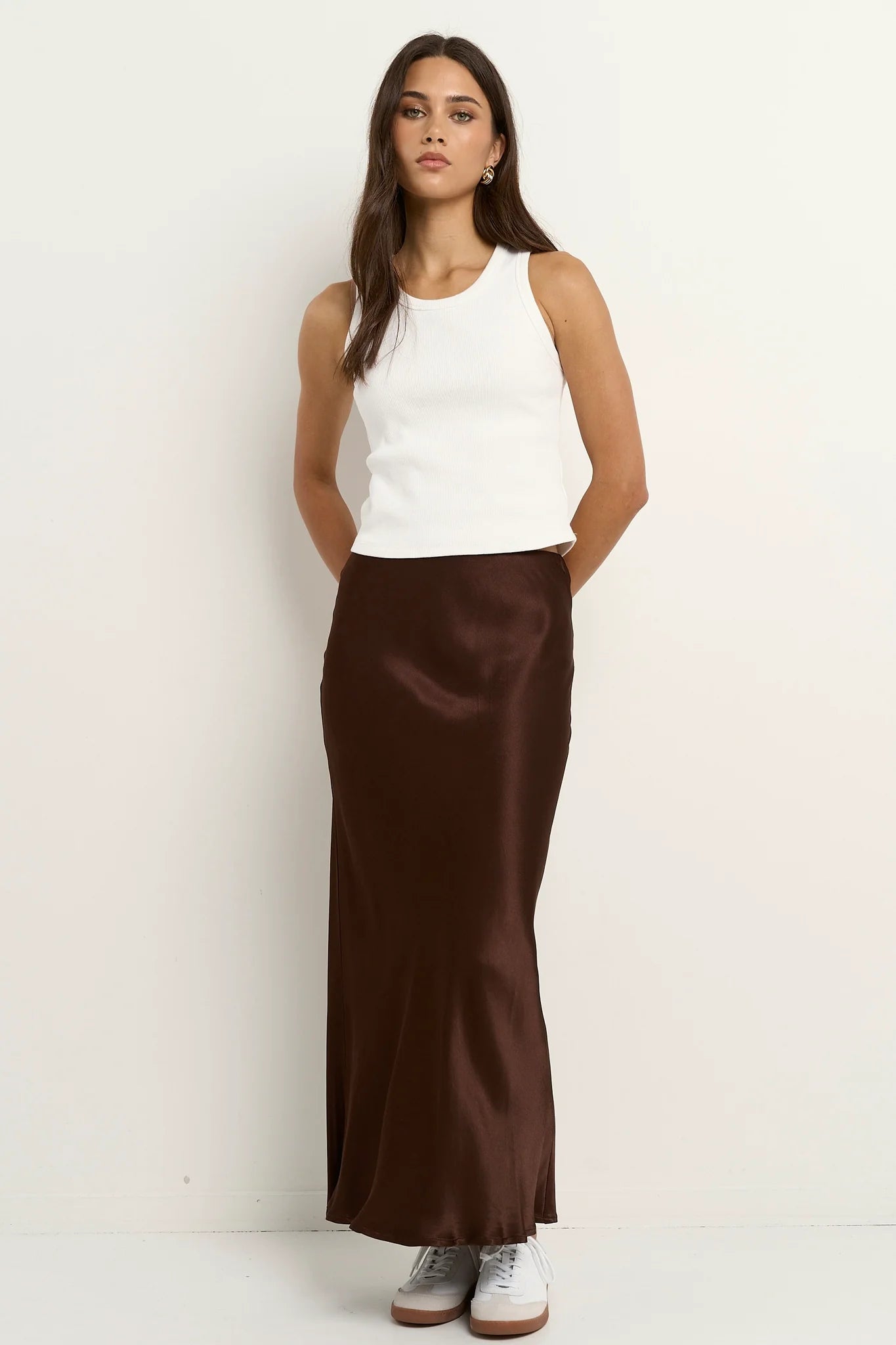 Rosette Chocolate Satin Bias Midi Skirt