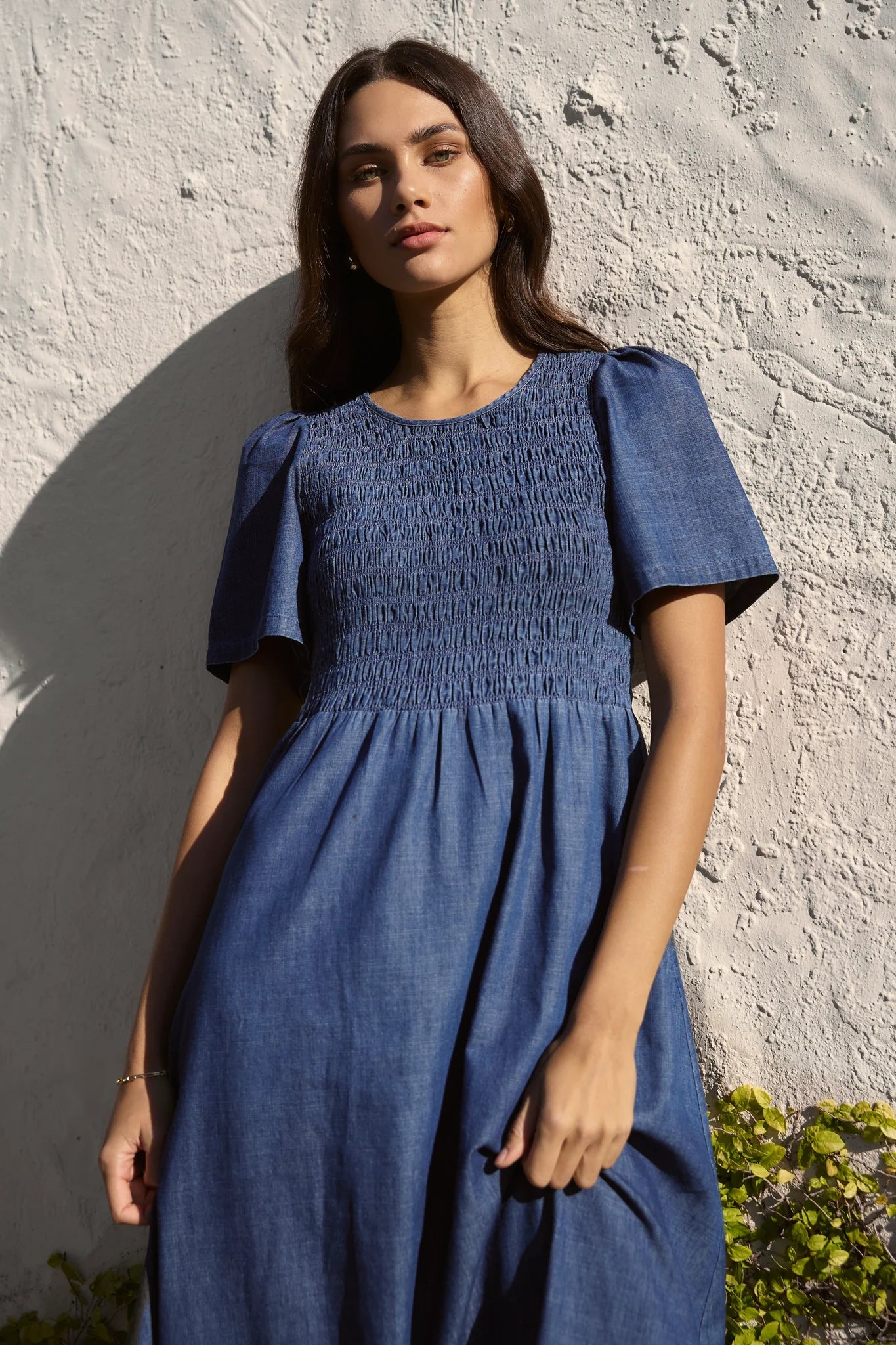 Wren Storm Blue Cotton SS Shirred Bodice Midi Dress