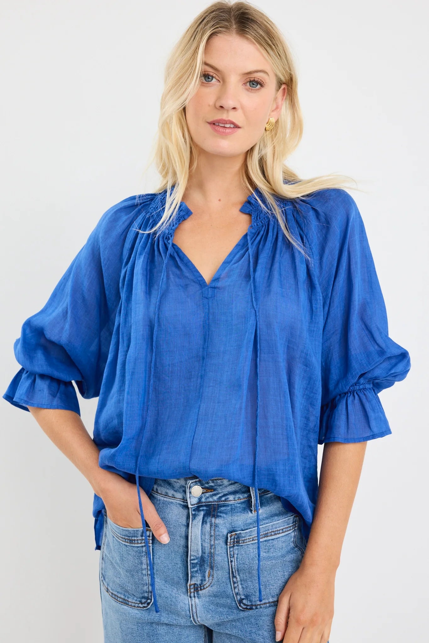 Expedition Blue Shirred Neck Short Sleeve Top