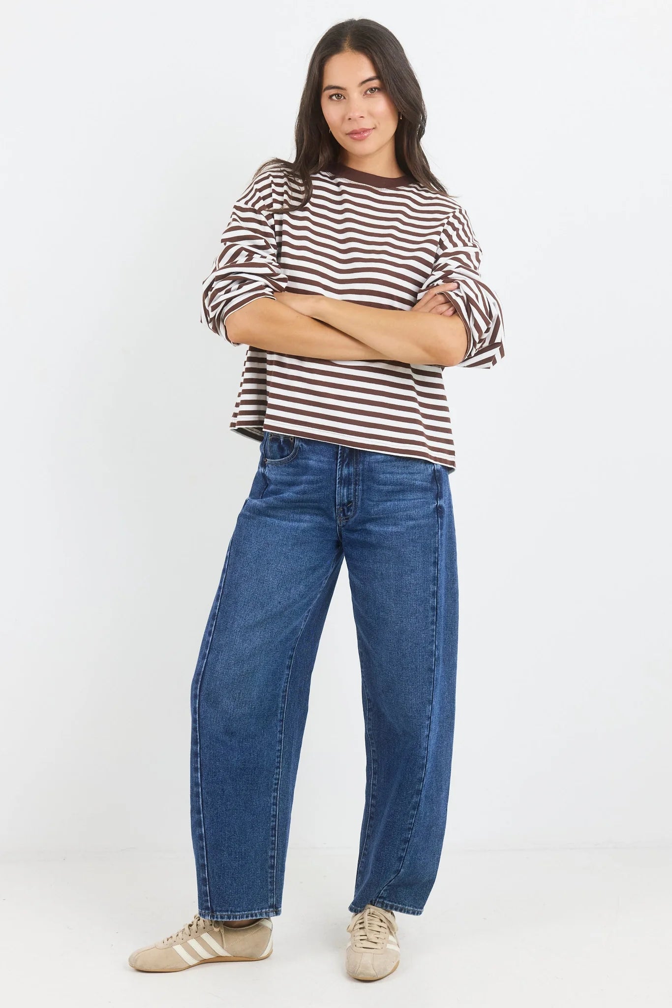 Unite Chocolate White Stripe Long Sleeve Contrast Binding Tee - Chocolate White Stripe