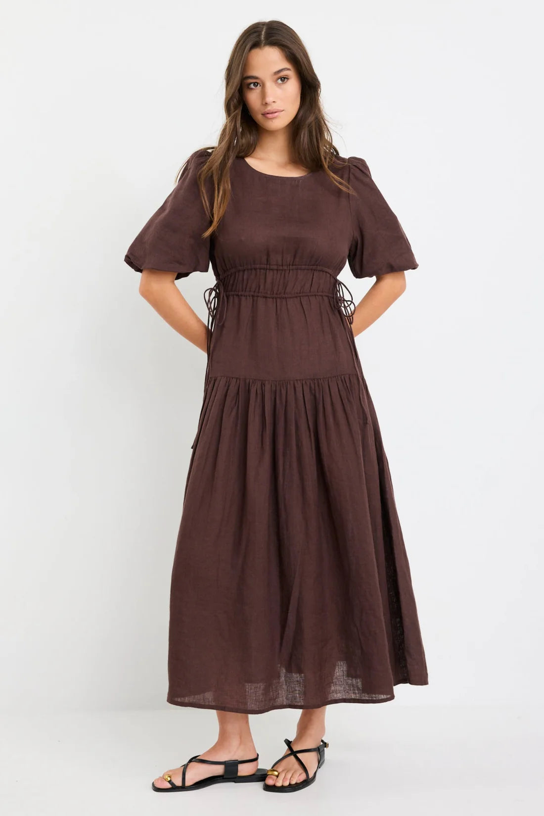 Glory Chocolate Linen Puff Sleeve Midi Dress