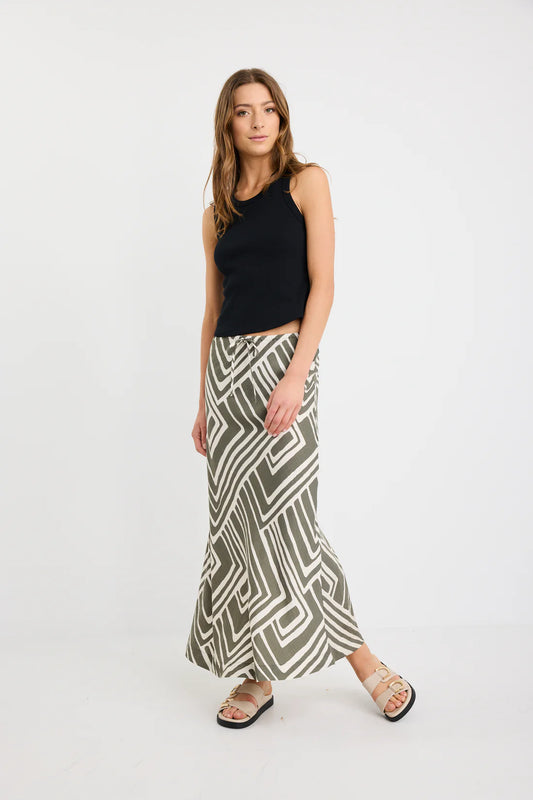 Departure Khaki Maze Print Viscose Blend Tie Waist Bias Maxi Skirt