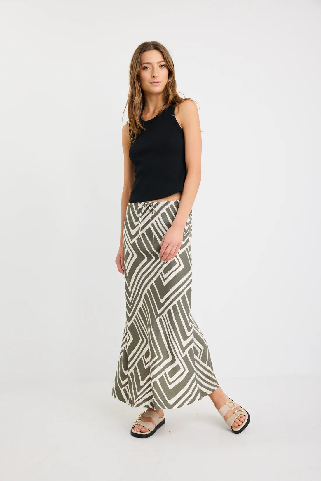 Departure Khaki Maze Print Viscose Blend Tie Waist Bias Maxi Skirt