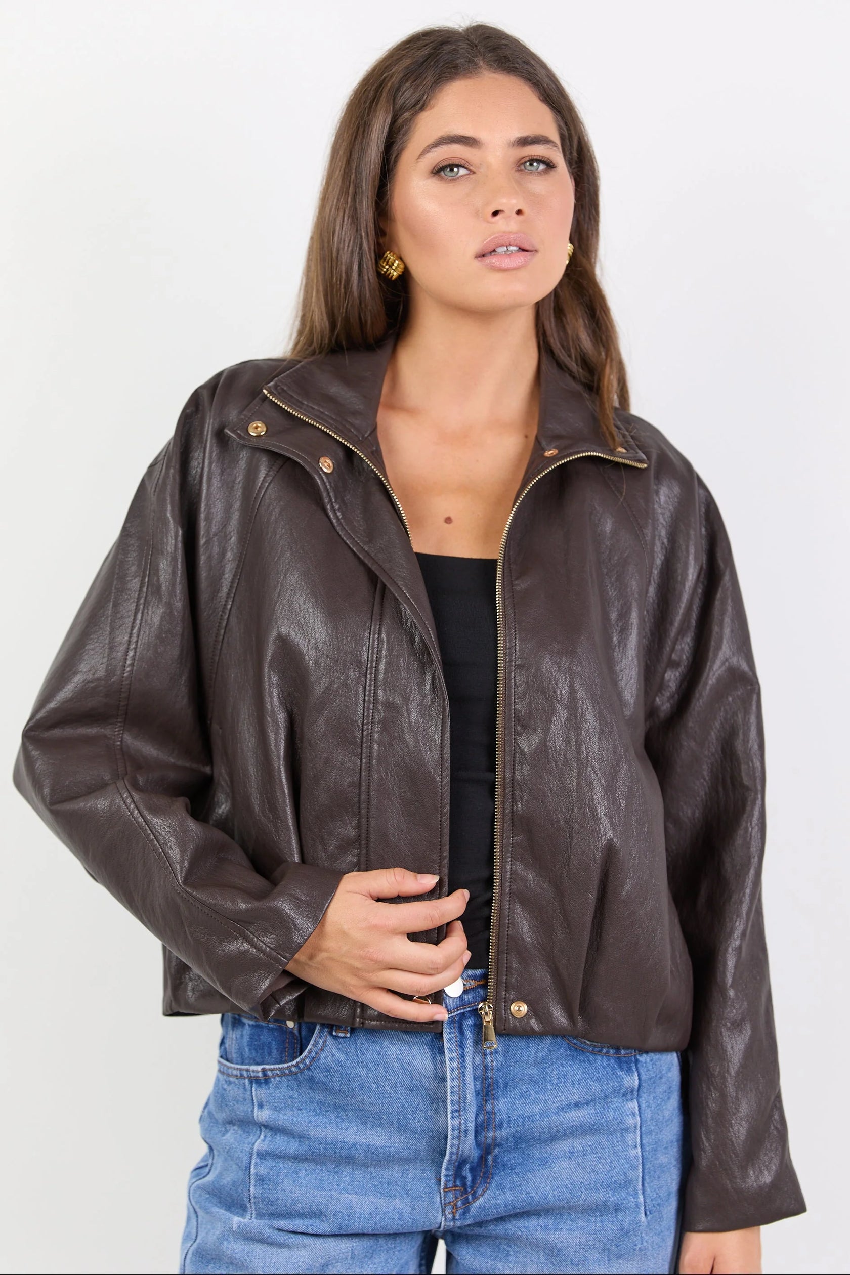 Ensemble Chocolate Faux Leather Funnel Neck Zip Through Jacket