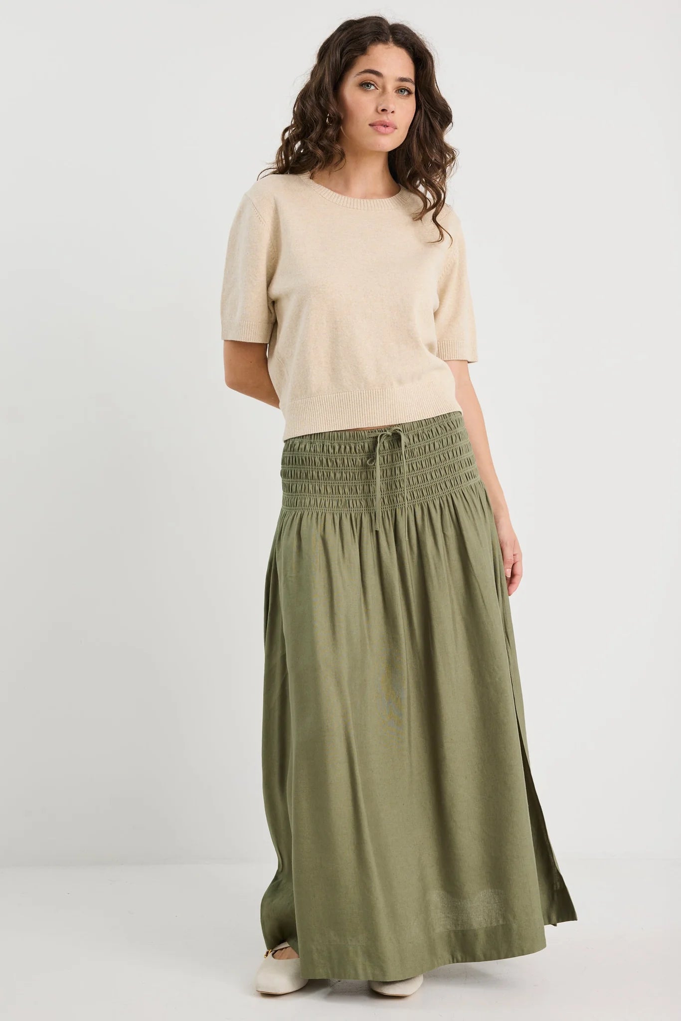 Byron Olive Linen Shirred Waist Maxi Skirt