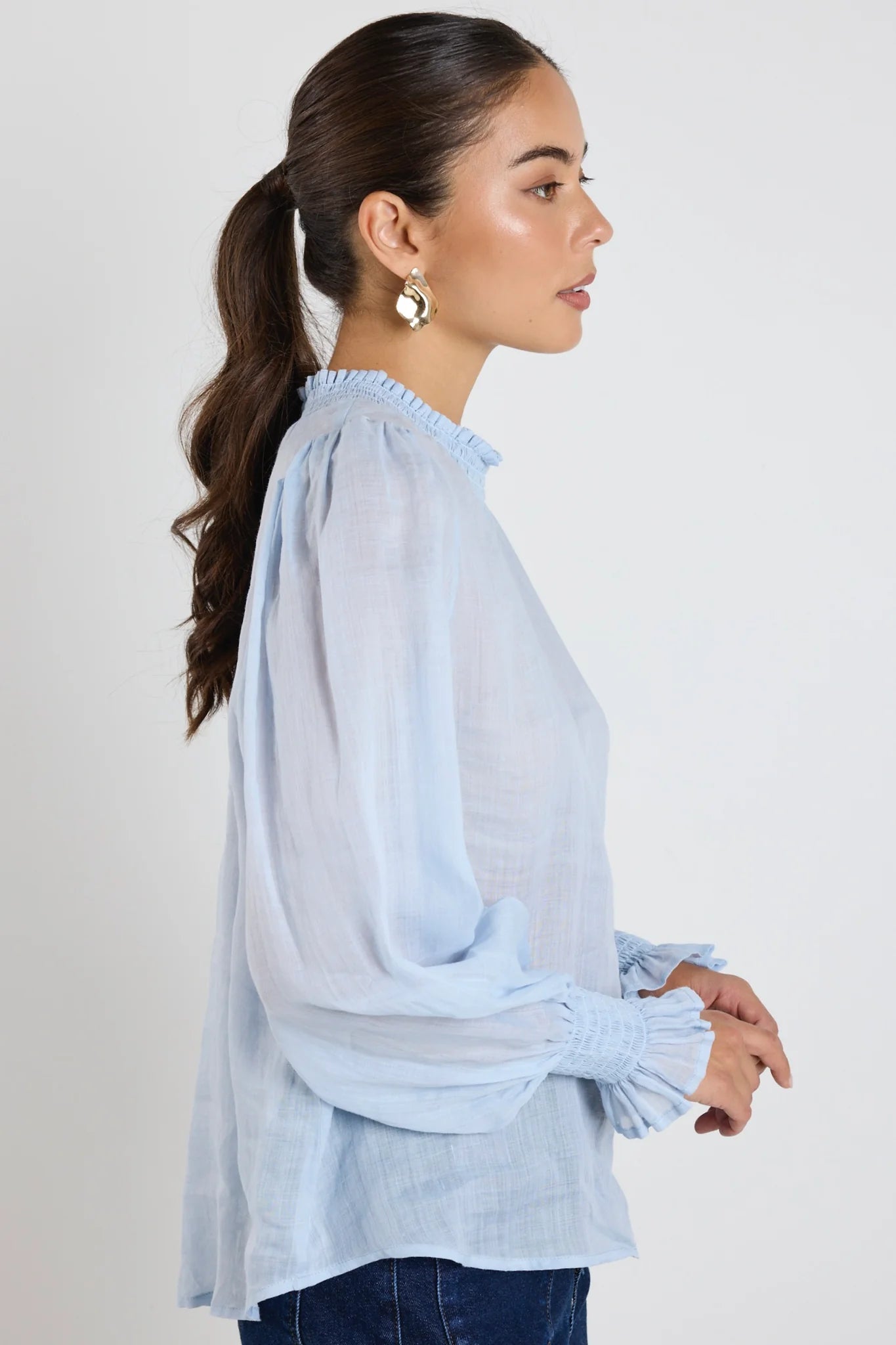 Embrace Ice Blue Ramie Shirred Neck LS Top