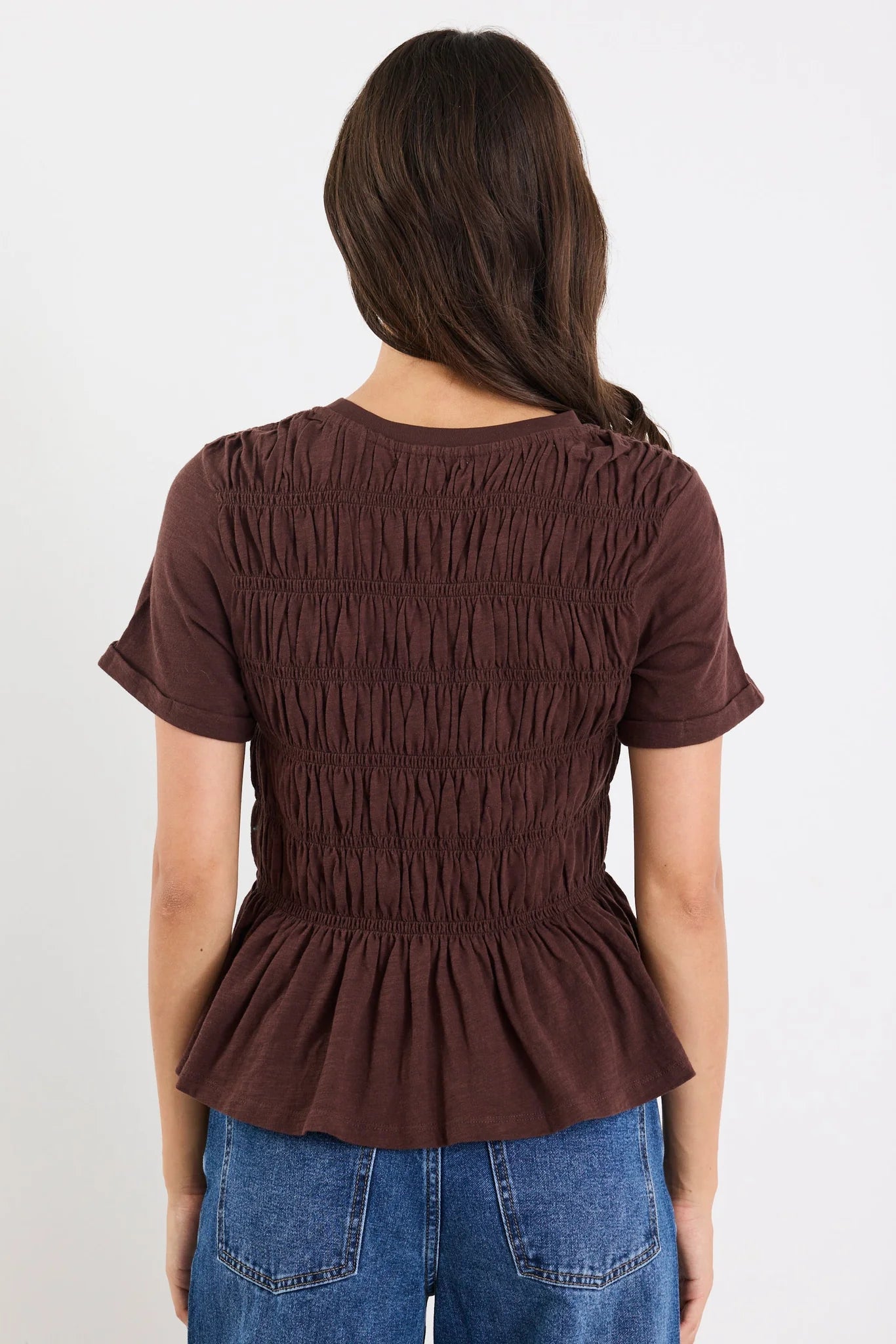 Neat Chocolate Slub Shirred Detail SS Tee