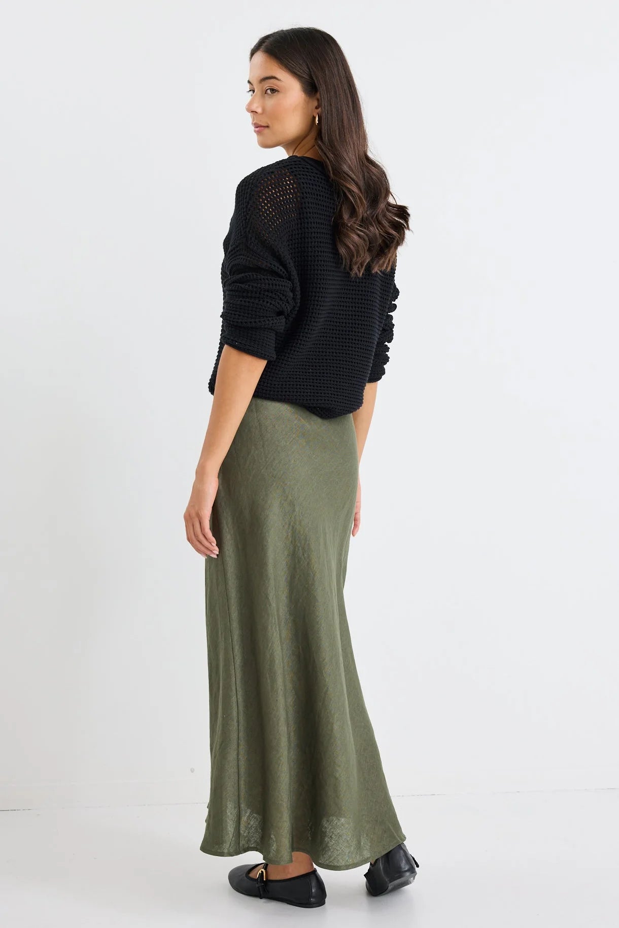 Bliss Soft Khaki Linen Bias Midi Skirt