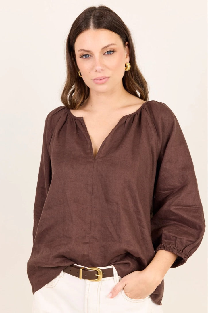 Revolutionary Dark Chocolate Linen Relaxed LS Top