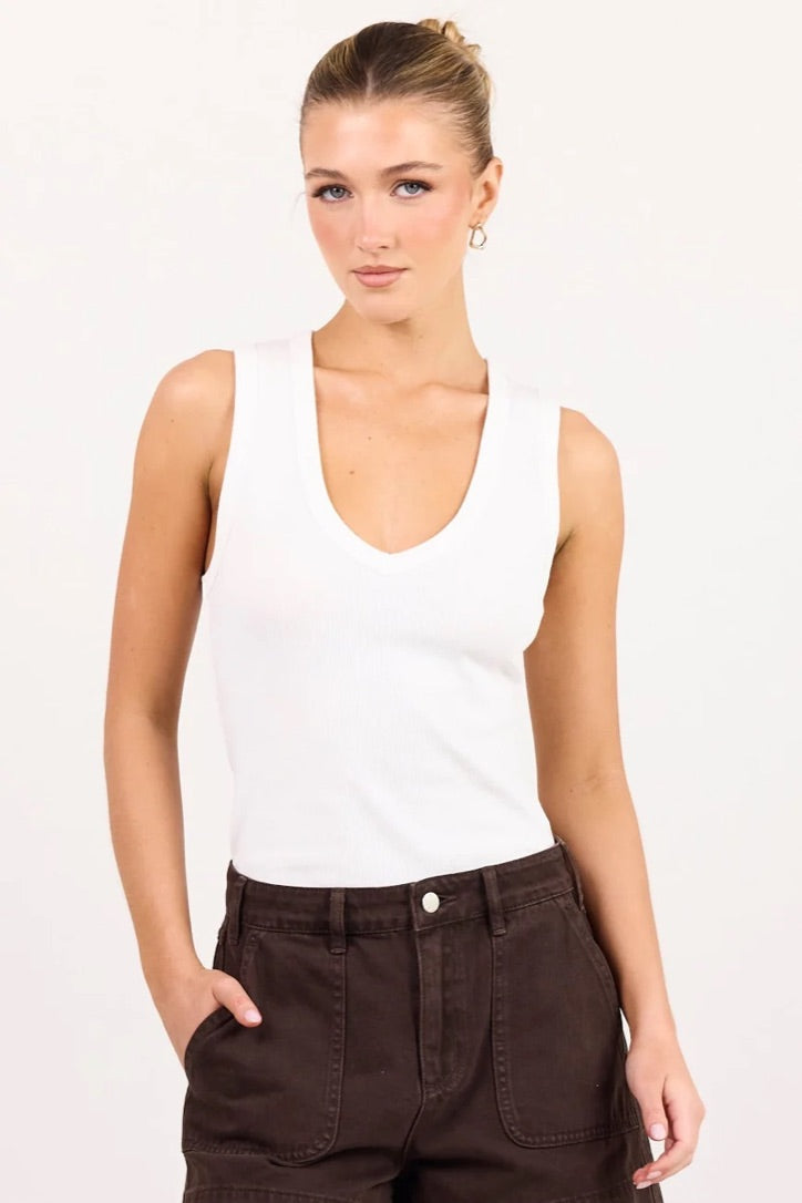 Vale White V Neck Rib Tank