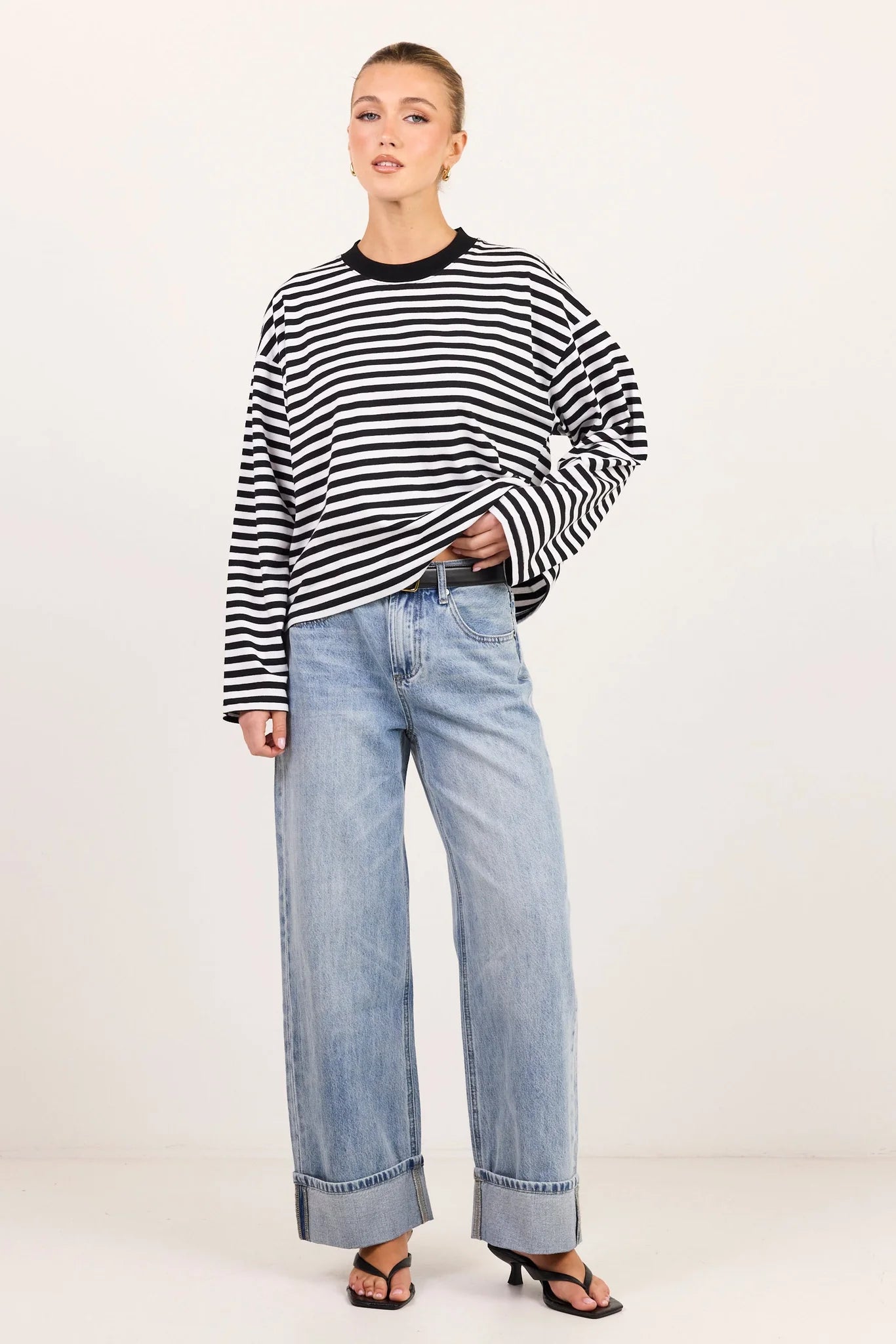Unite Black White Stripe Long Sleeve Contrast Binding Boxy Tee