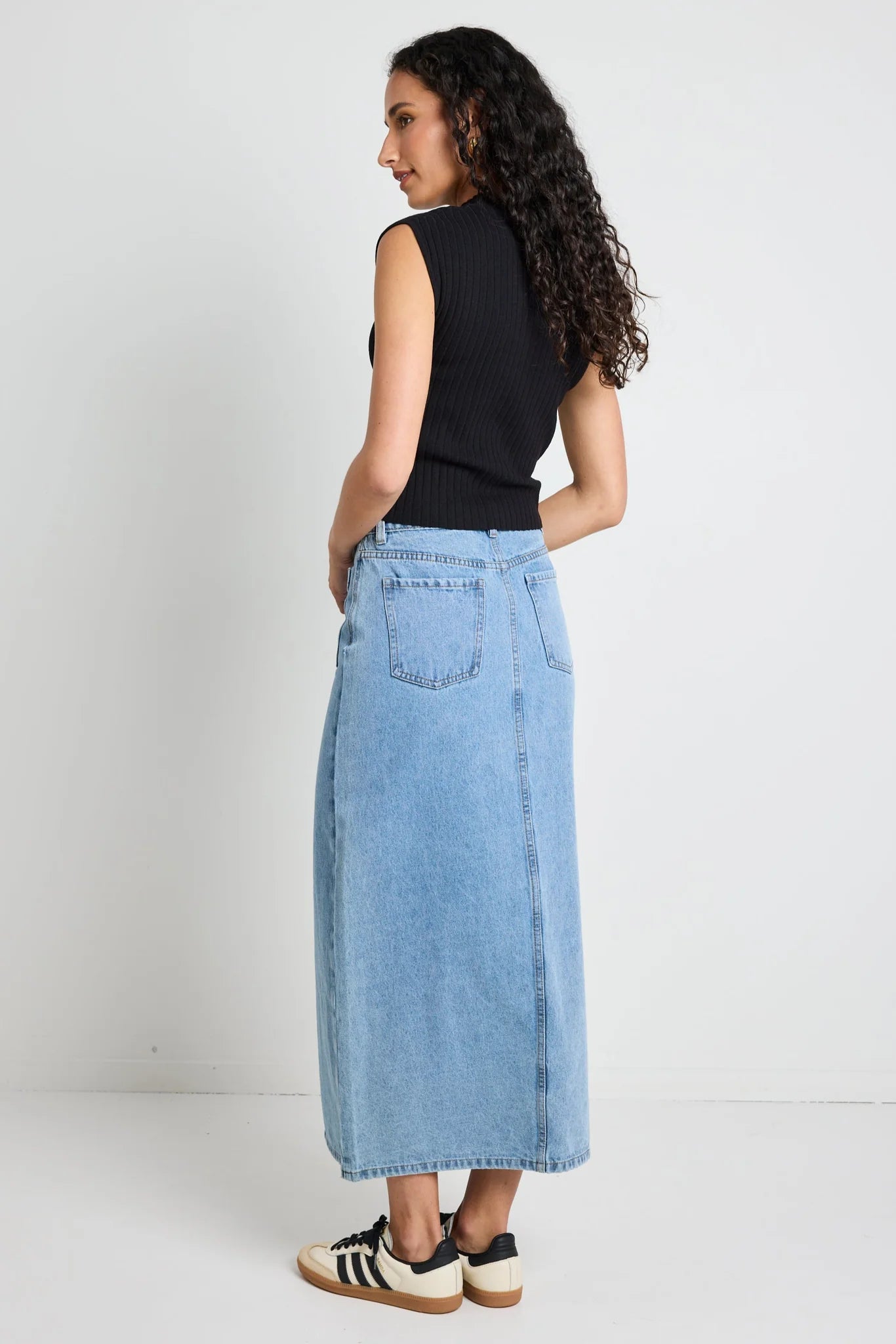 Zoey Sea Blue Pocket Front Denim Midi Skirt