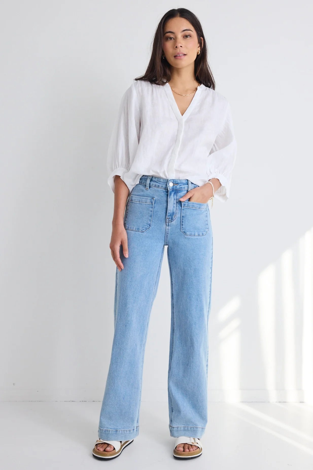 Zoey High Rise Wide Leg Pocket Jean - Light Blue