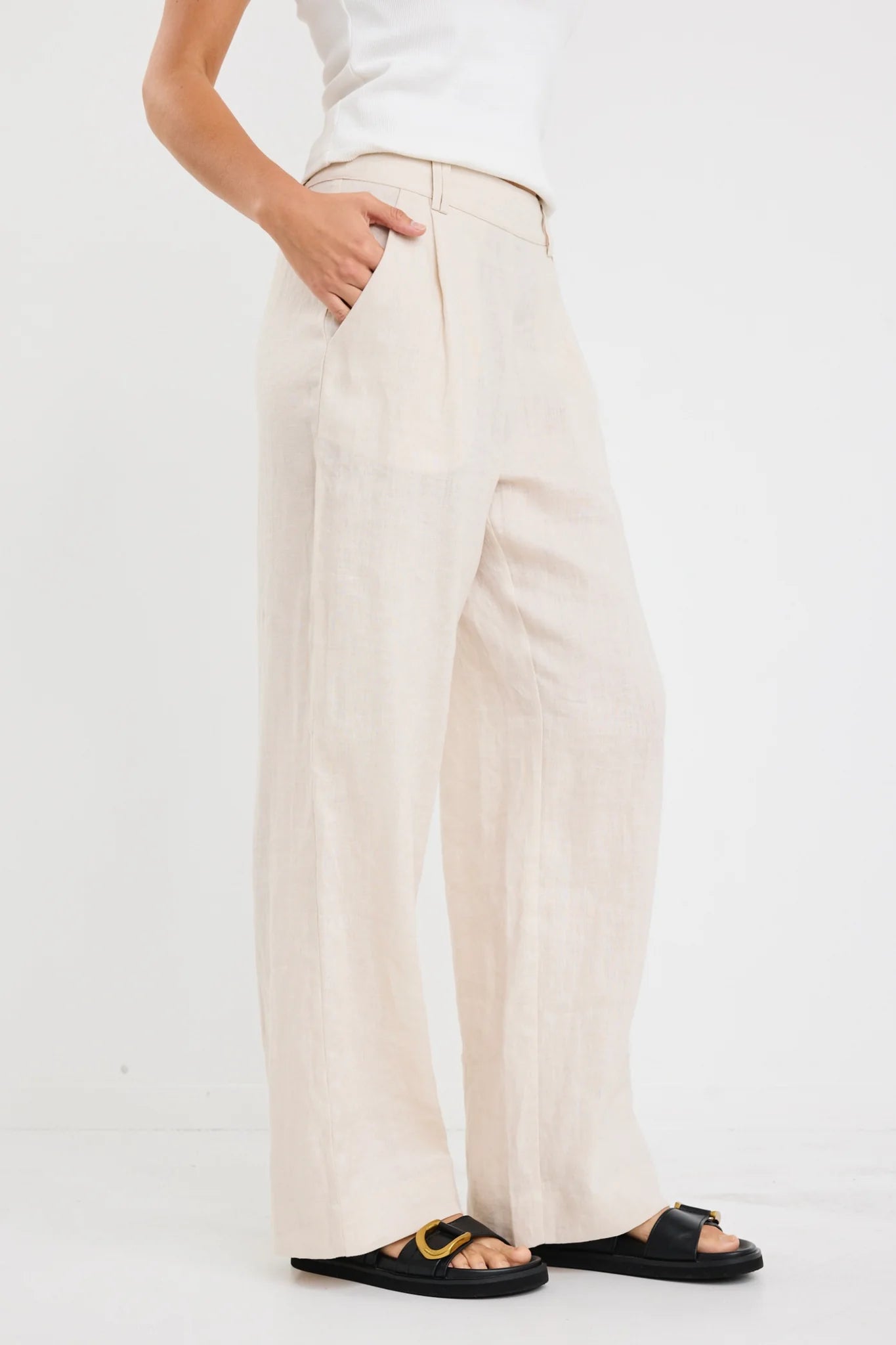 Bestow Pumice Linen Elastic Back Wide Leg Pants