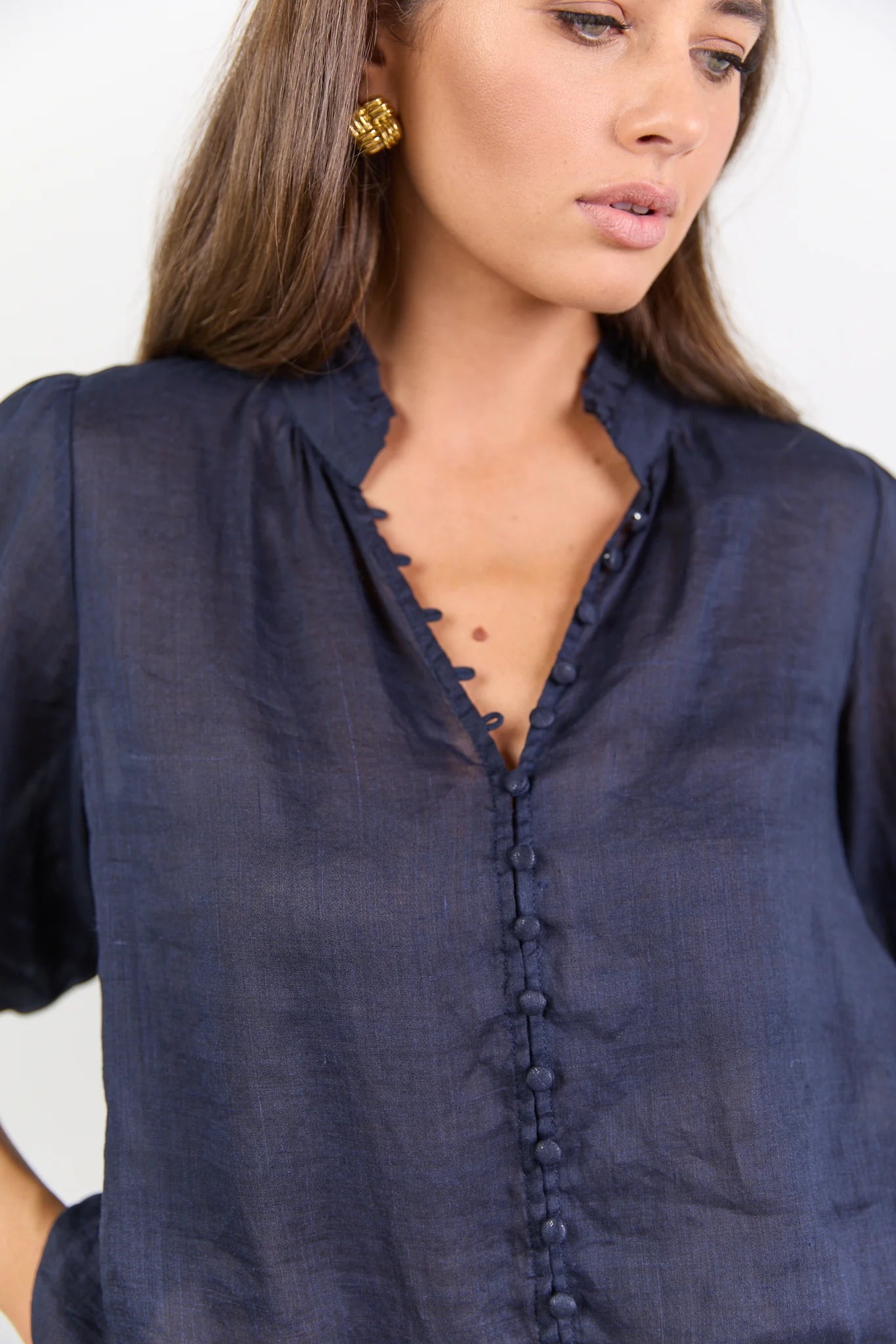 Continuance Navy Ramie High Neck Buttoned SS Top