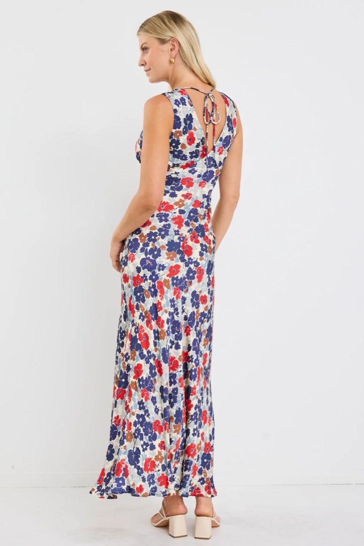 Aston Blue Red Poppy Satin Bias Flared Maxi Dress