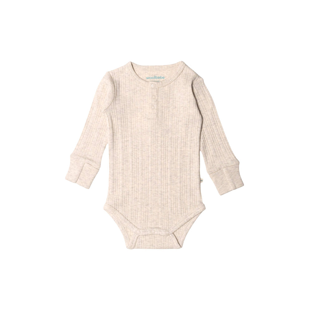 Woolbabe Merino/Organic Cotton Long Sleeve Henley Bodysuit - Natural Marl