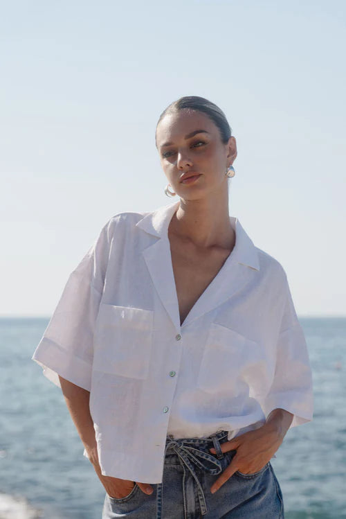 Meander White Linen Boxy Shirt