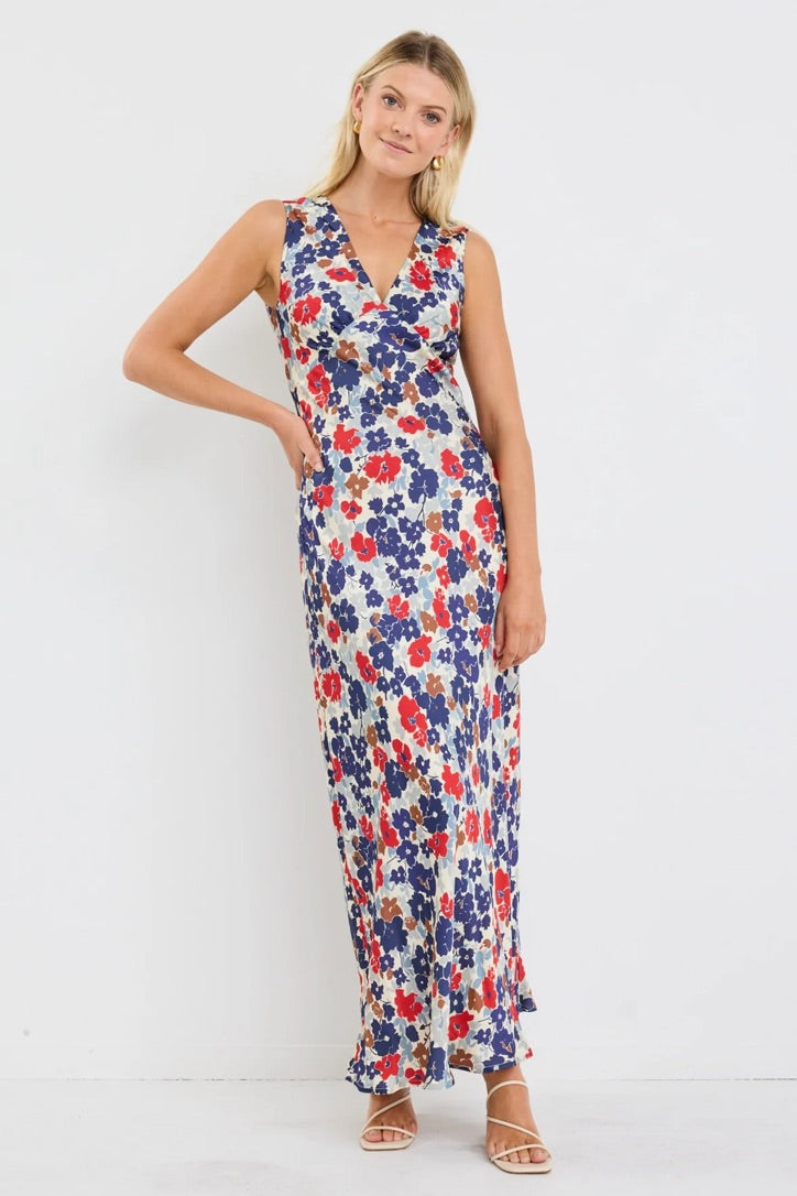 Aston Blue Red Poppy Satin Bias Flared Maxi Dress