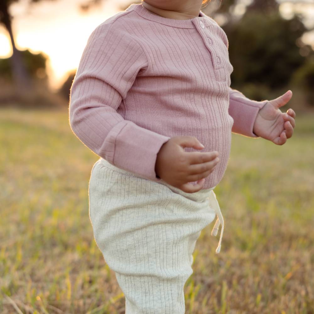 Woolbabe Merino/Organic Cotton Long Sleeve Henley Bodysuit - Dusk Marl