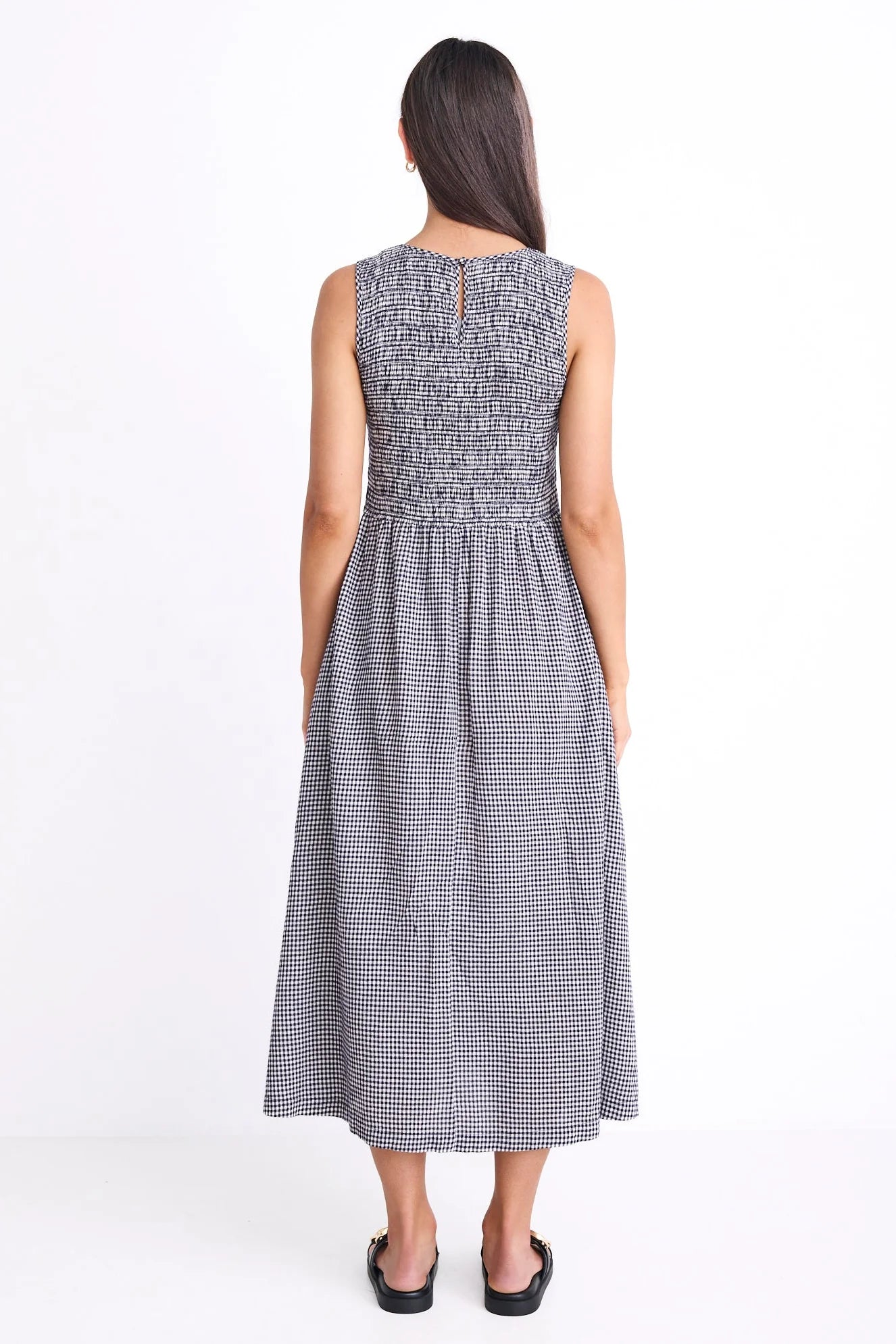 Bryar Navy Mini Gingham Sleeveless Shirred Bodice Midi Dress -Navy Mini Gingham