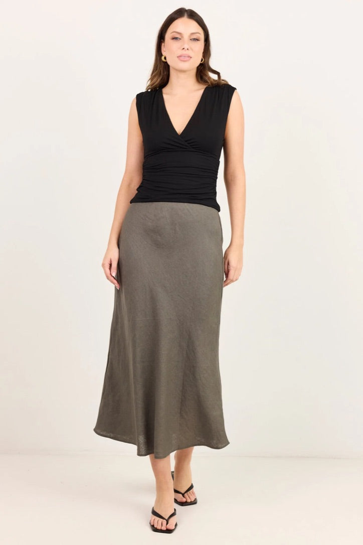 Bliss Dark Olive Linen Bias Midi Skirt