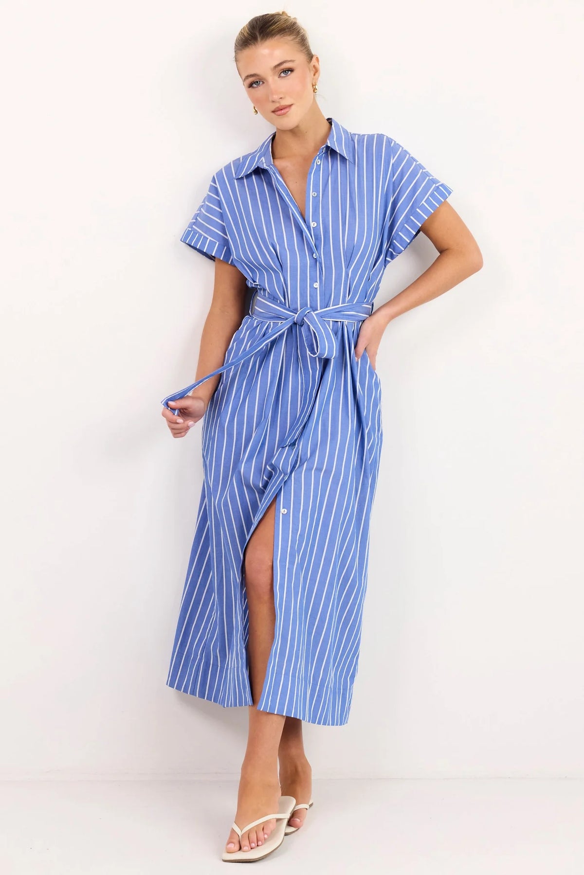 Camden Blue Wide Stripe Fit Flare Maxi Shirt Dress