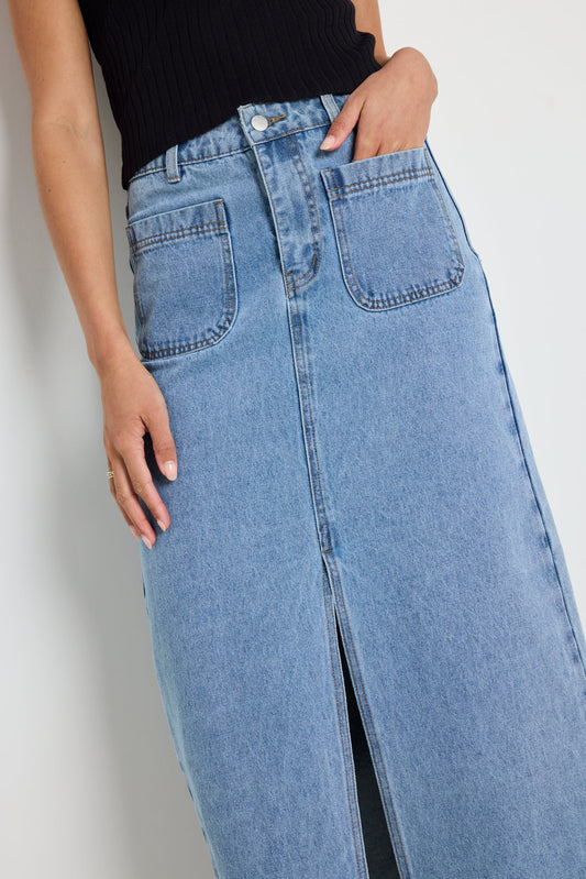 Zoey Sea Blue Pocket Front Denim Midi Skirt