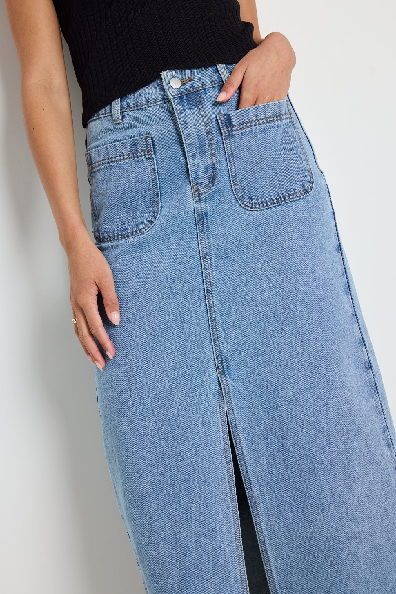Zoey Sea Blue Pocket Front Denim Midi Skirt