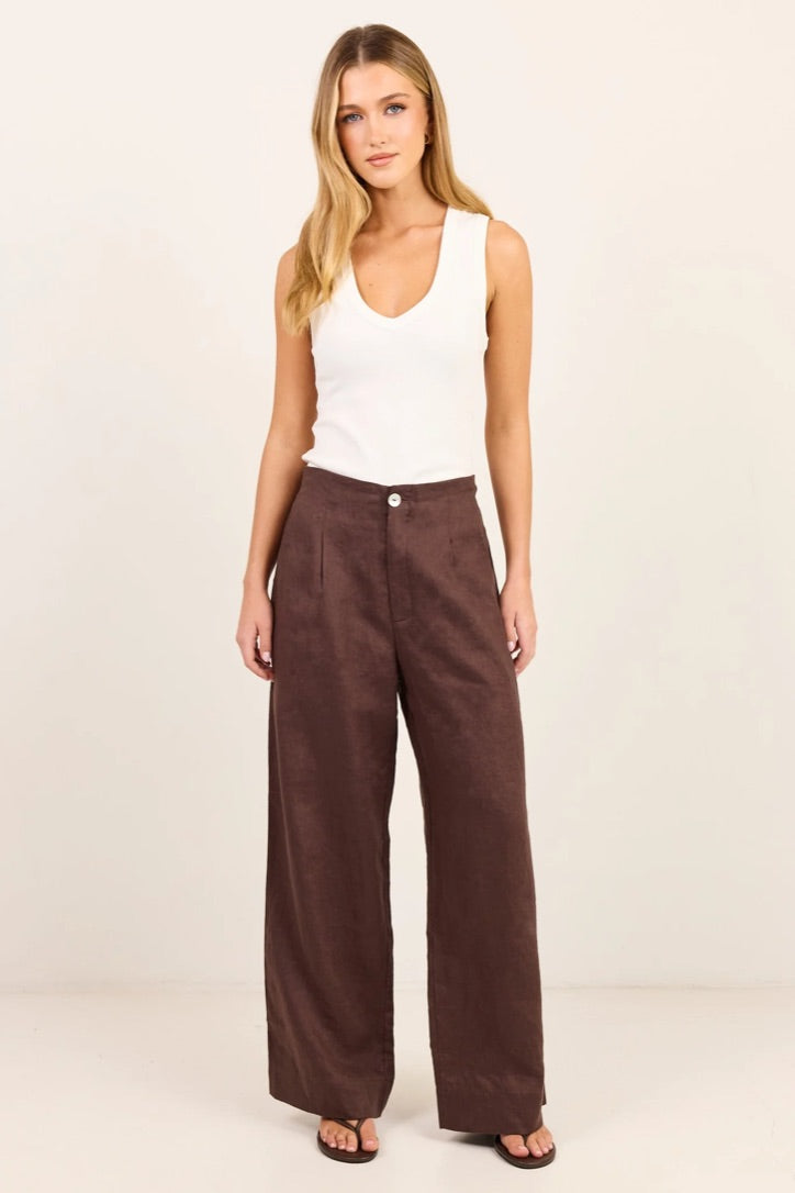 Curator Dark Chocolate Linen Pleat Front Wide Leg Pants