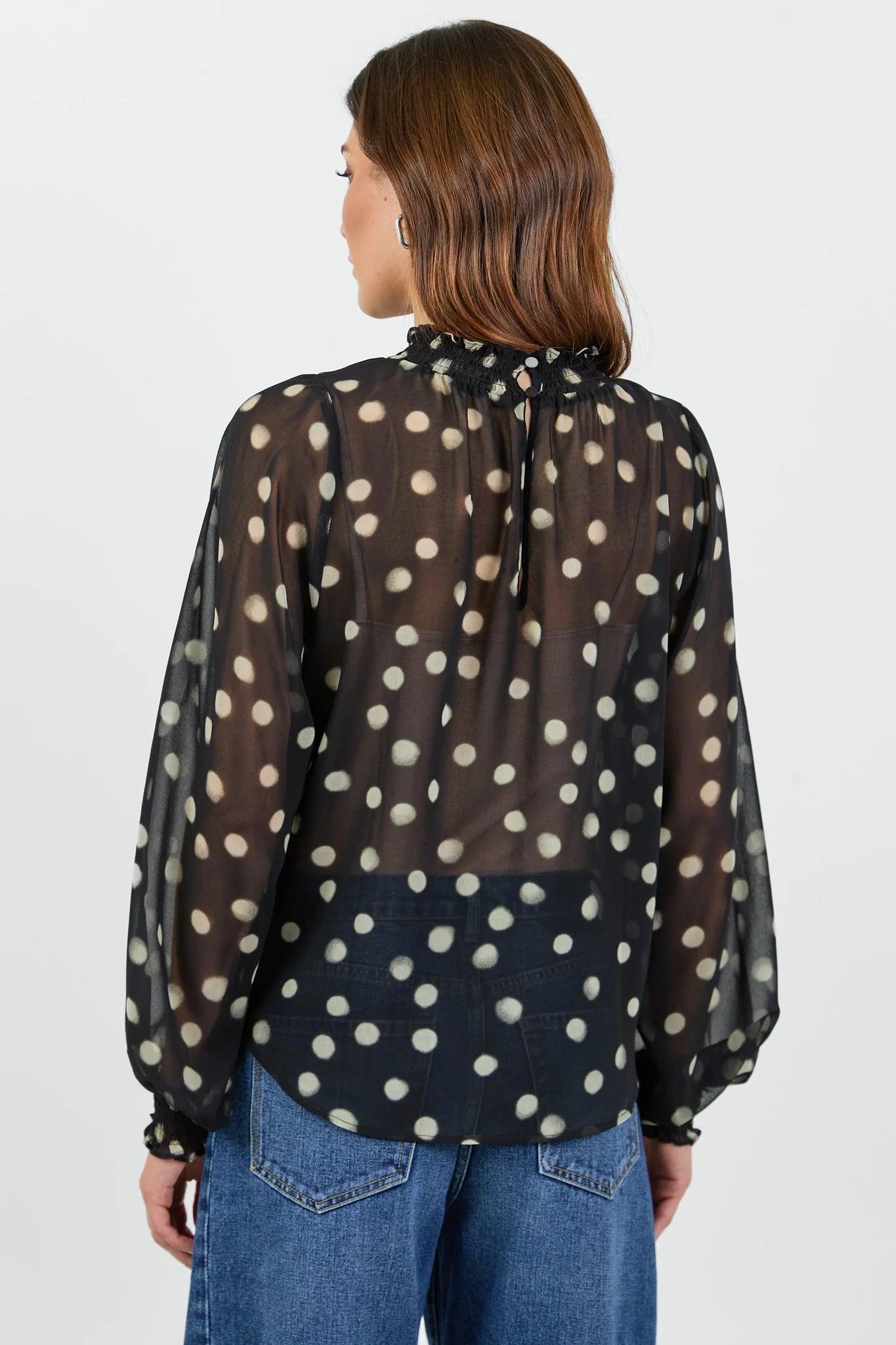 Emphatic Black Polka Dot Georgette High Neck LS Top