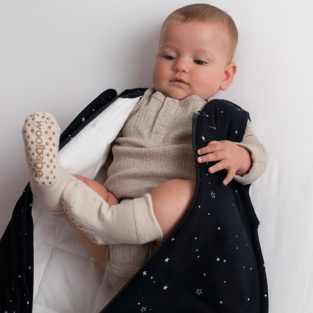 Woolbabe Merino/Organic Cotton Long Sleeve Henley Bodysuit - Dune Marl
