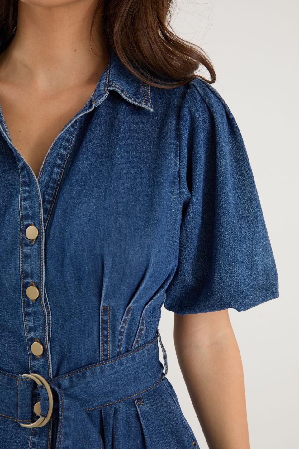 Sundown Storm Blue Denim Puff Sleeve Mini Shirt Dress