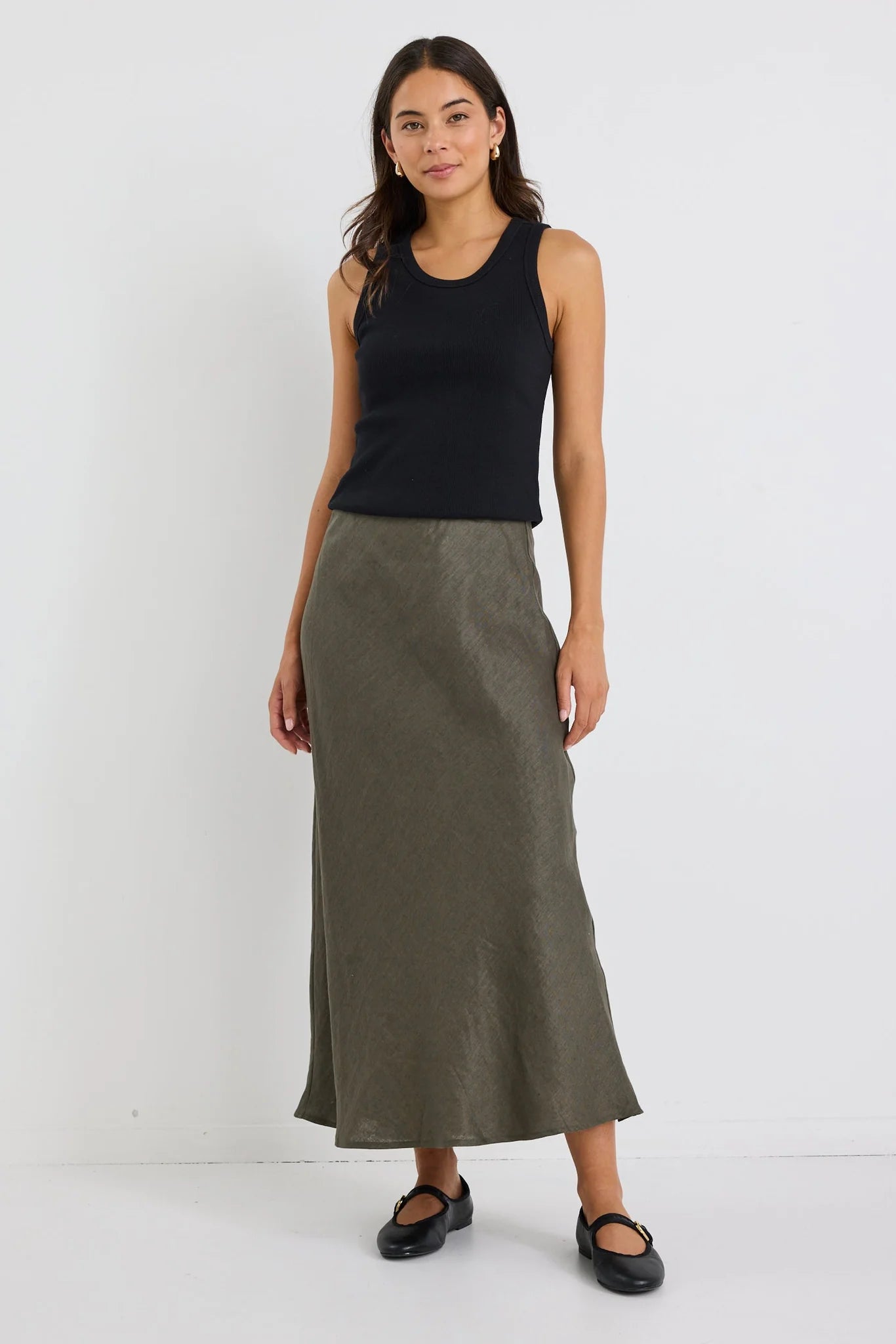 Bliss Khaki Linen Bias Midi Skirt