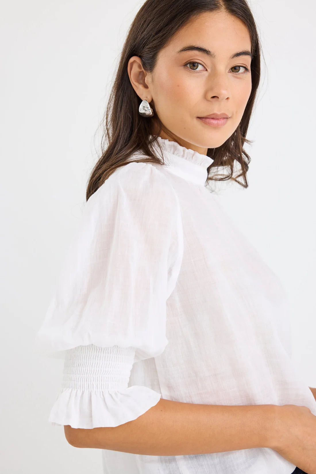 Verse Sheer High Neck Short Sleeve Top- Ivory