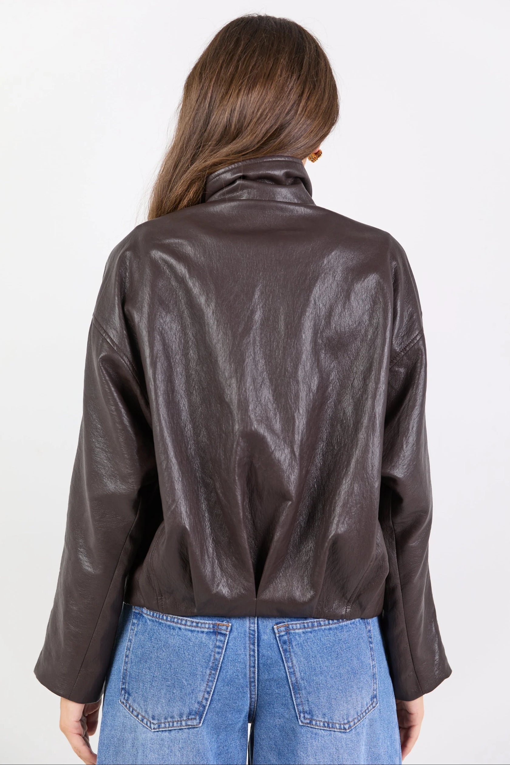 Ensemble Chocolate Faux Leather Funnel Neck Zip Through Jacket
