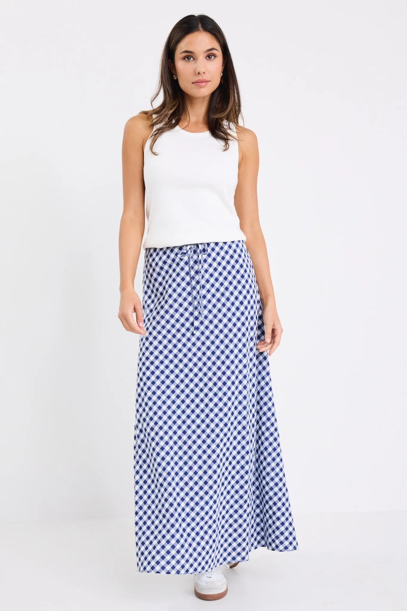 Summit Blue Gingham Cotton Tie Waist Bias Maxi Skirt