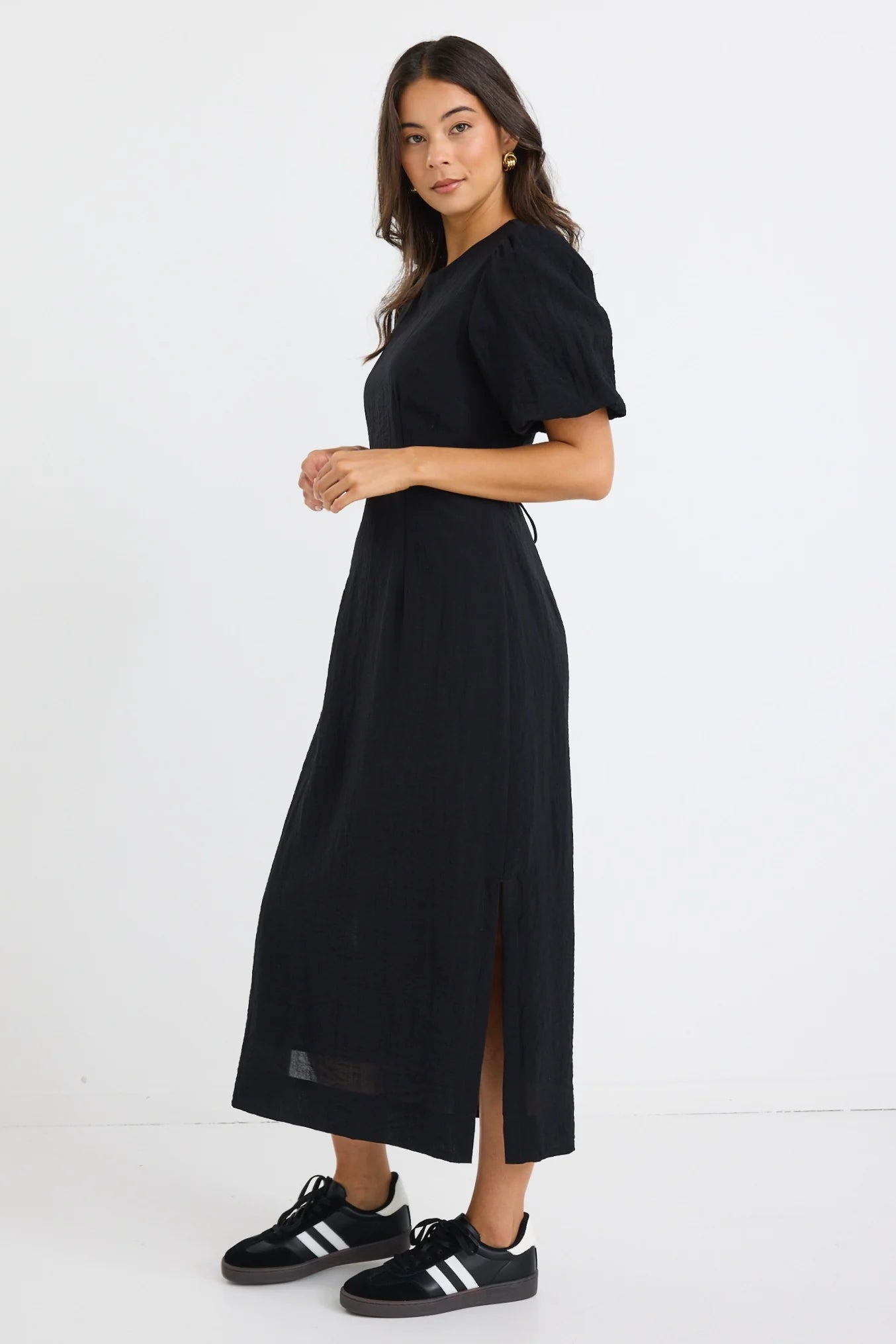 Elder Black Short Puff Sleeve Tie Midi Dress