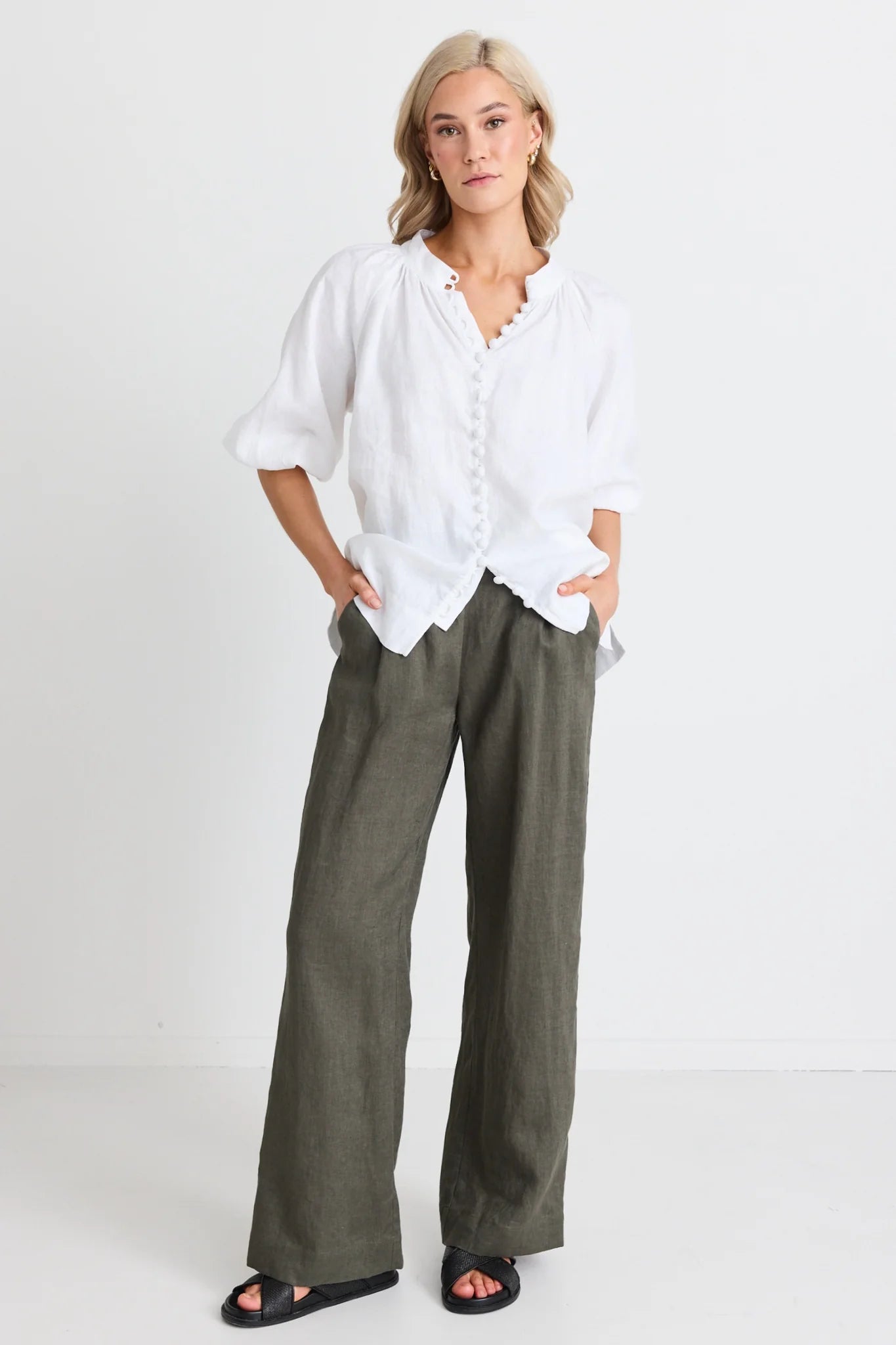 Restoration White Linen Button Front Mid Sleeve Blouse