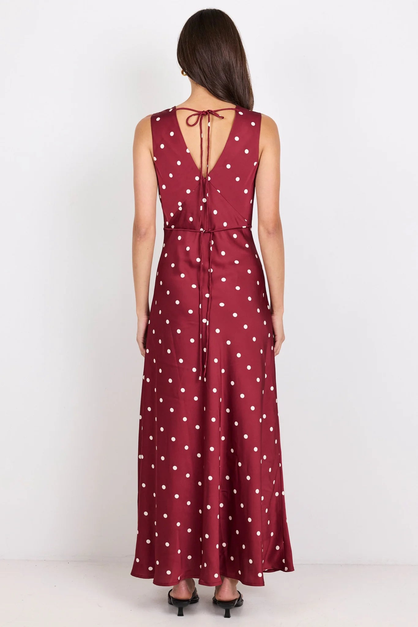 Aston Wine Cream Polka Dot Satin Bias Flared Maxi Dress