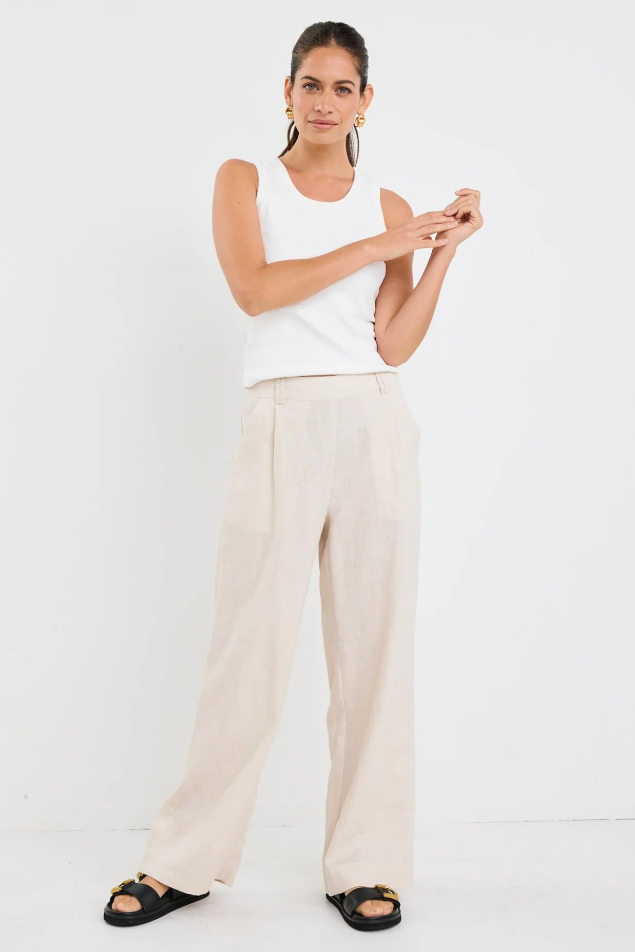 Bestow Pumice Linen Elastic Back Wide Leg Pants