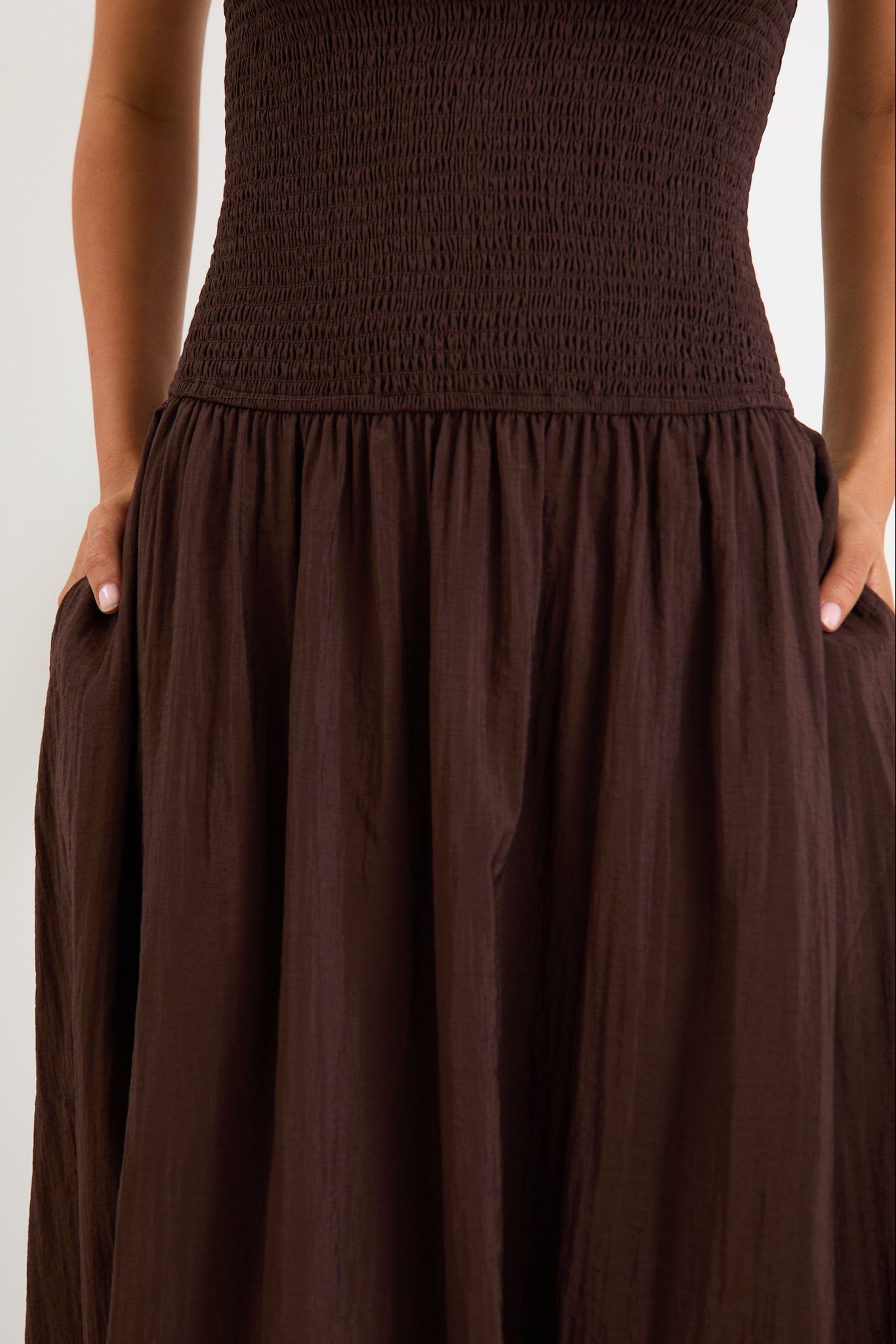 Athens Chocolate Strapless Shirred Bodice Maxi Dress