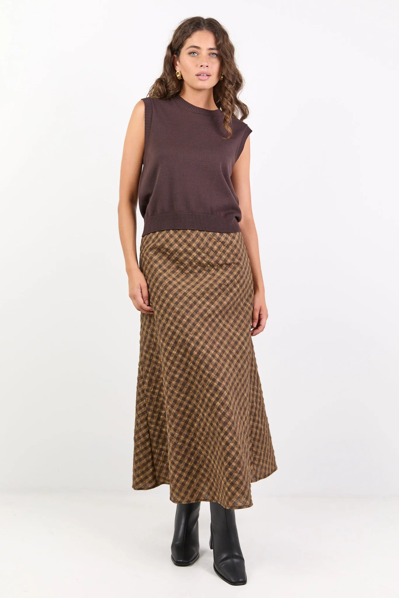 Companion Chocolate Caramel Check Cotton Blend Bias Maxi Skirt - Chocolate Caramel Check
