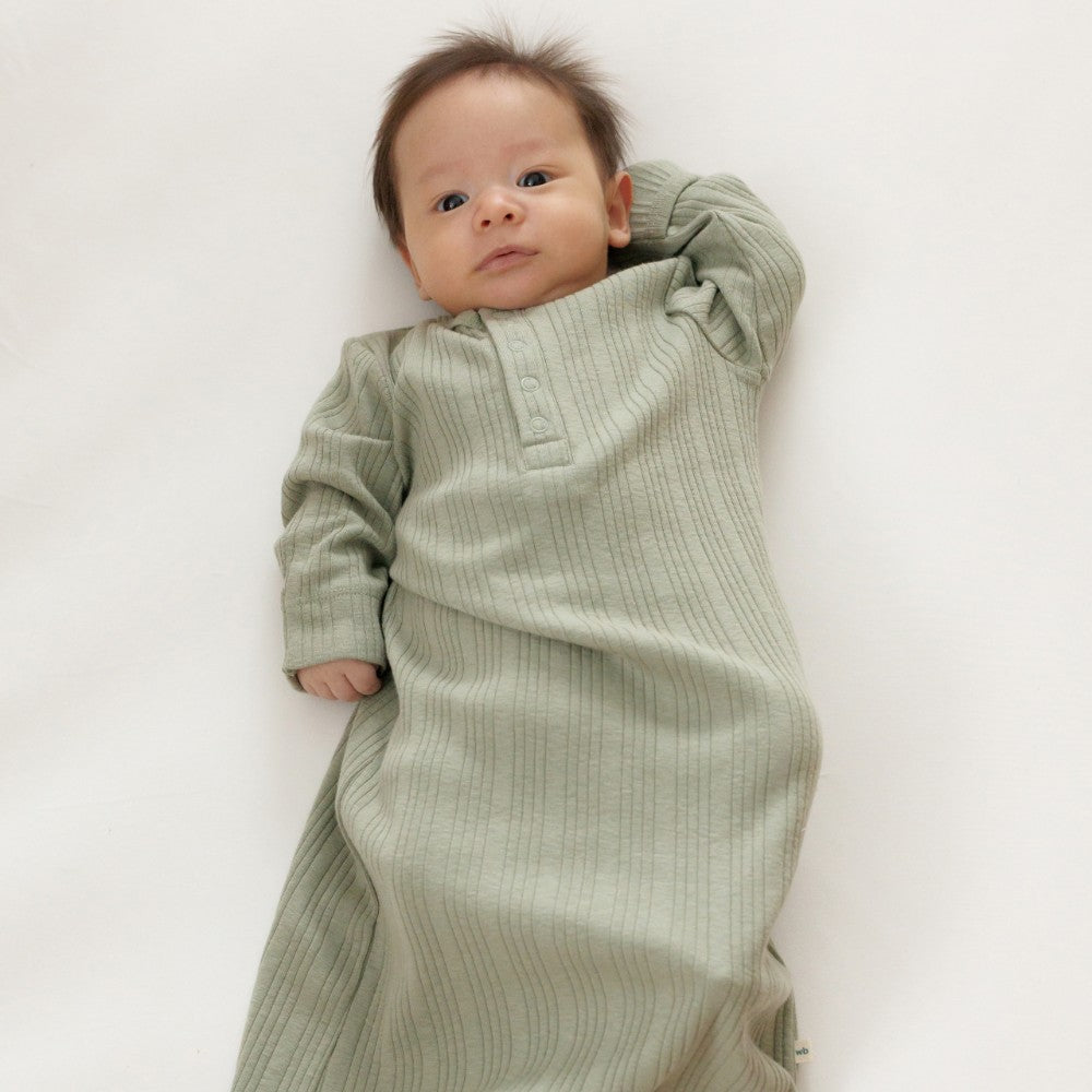 Woolbabe Merino/Organic Cotton Henley Drawstring Gown - Flax Marl