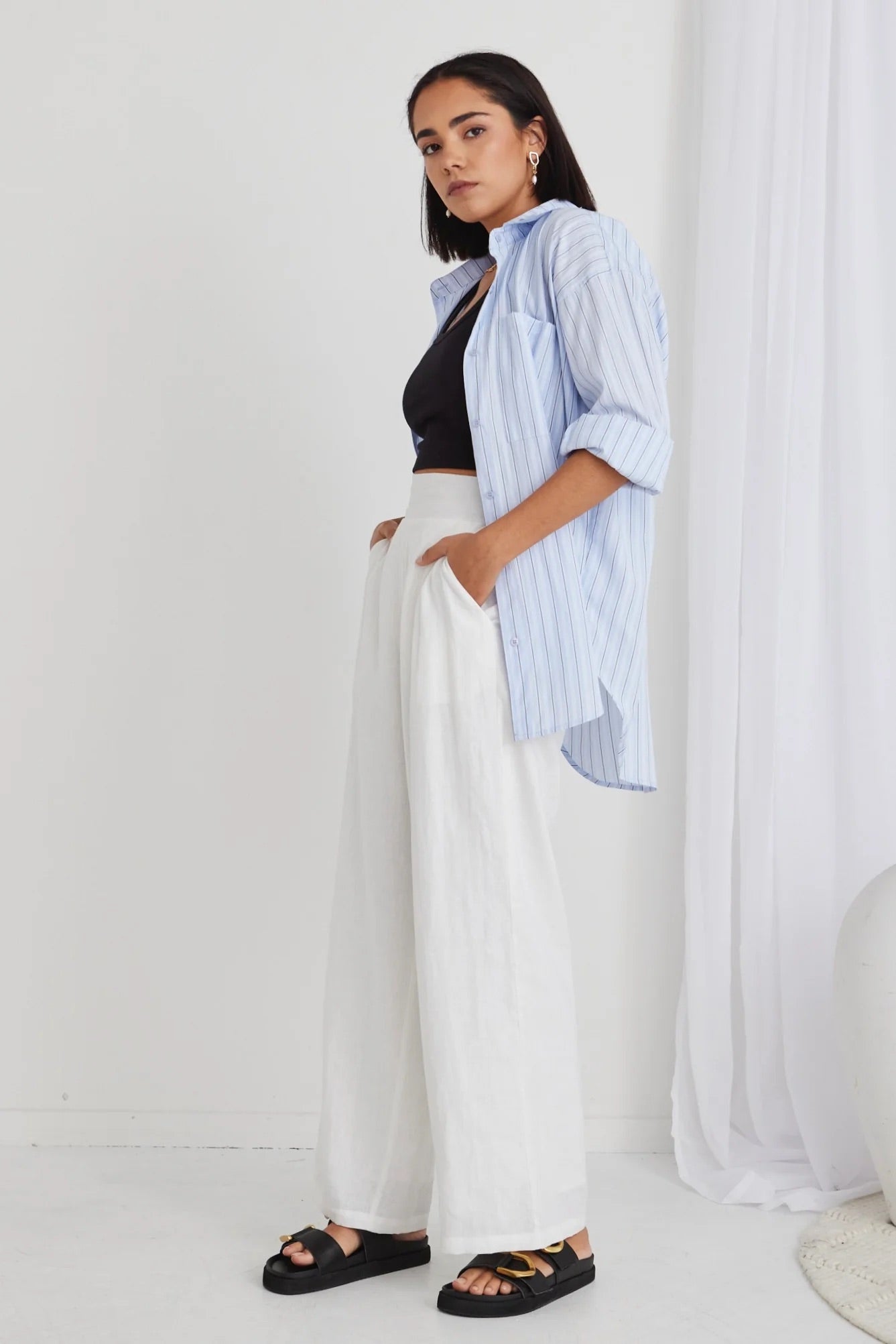 Guardian White Linen Pleat Front Wide Leg Pant