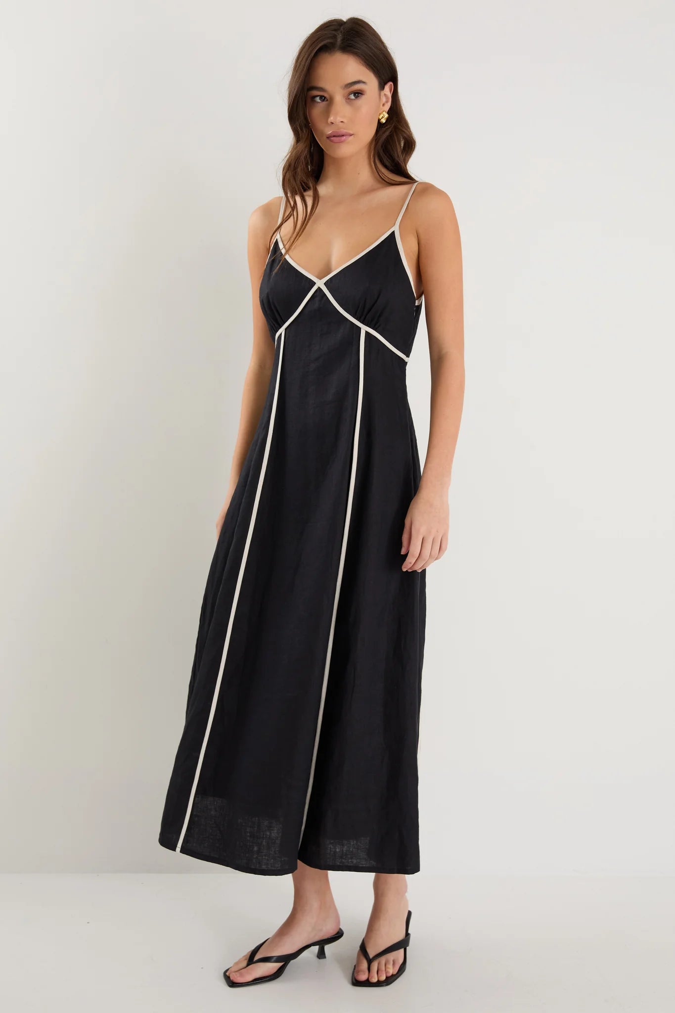 Marine Black Natural Contrast Linen Strappy Maxi Dress