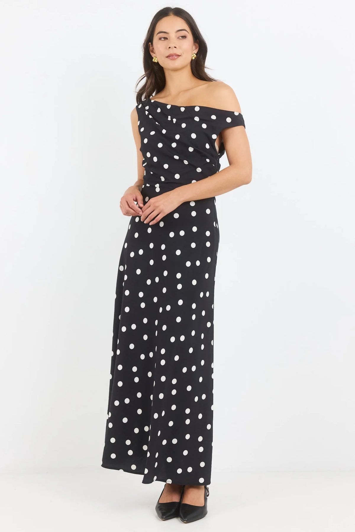 Spotlight Black Polka Dot Off Shoulder Flare Midi Dress