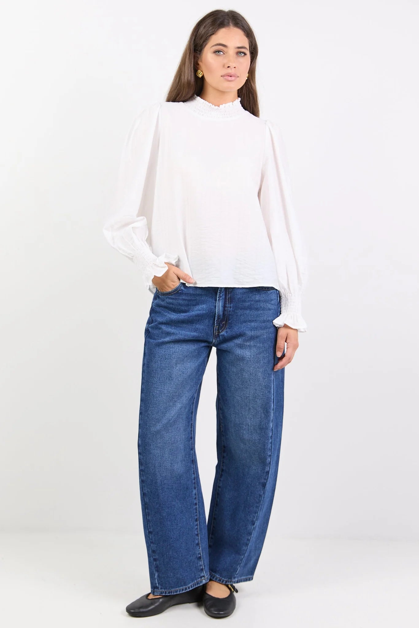 Embrace Ivory Self Stripe Shirred Neck LS Top