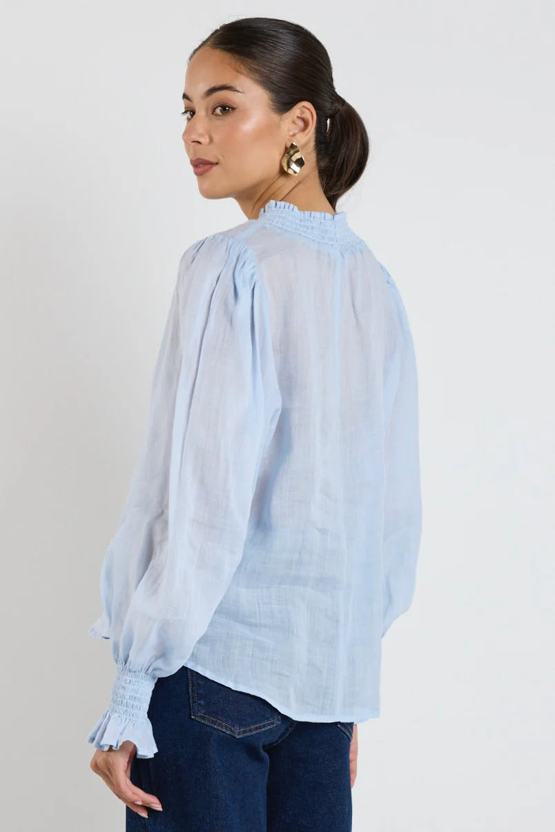 Embrace Ice Blue Ramie Shirred Neck LS Top
